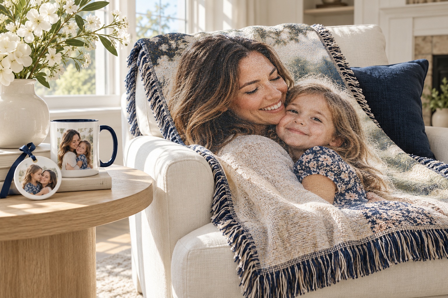 Personalized family photo blanket, mug and ornament in a sunlit home
