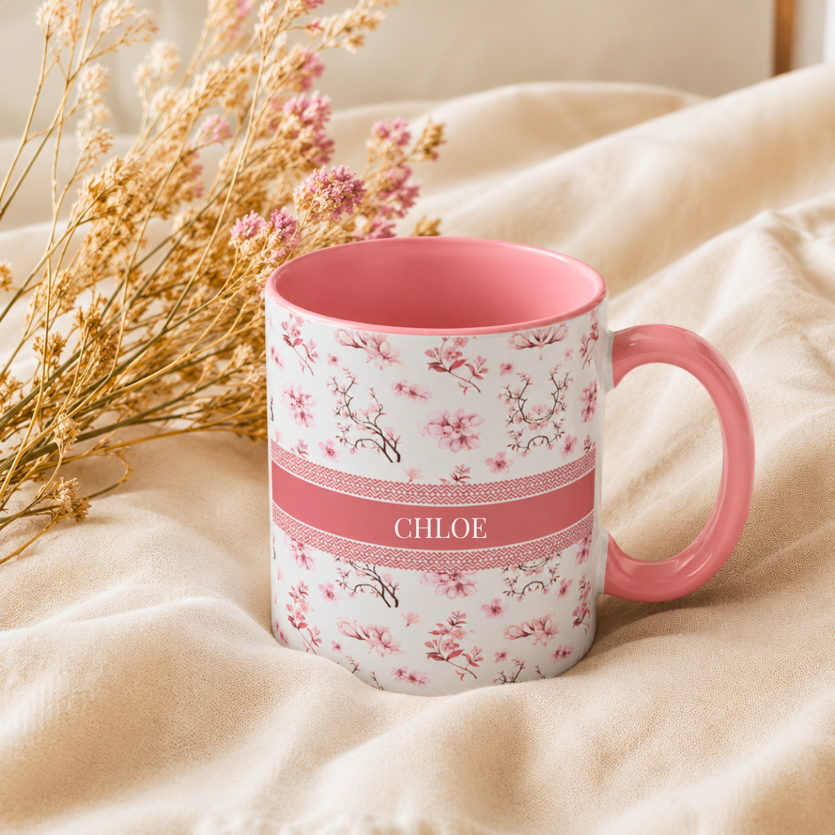 pink floral accent coffee mug — personalized navy name stripe (11/15 oz) pink floral accent coffee mug — personalized navy name stripe (11/15 oz)