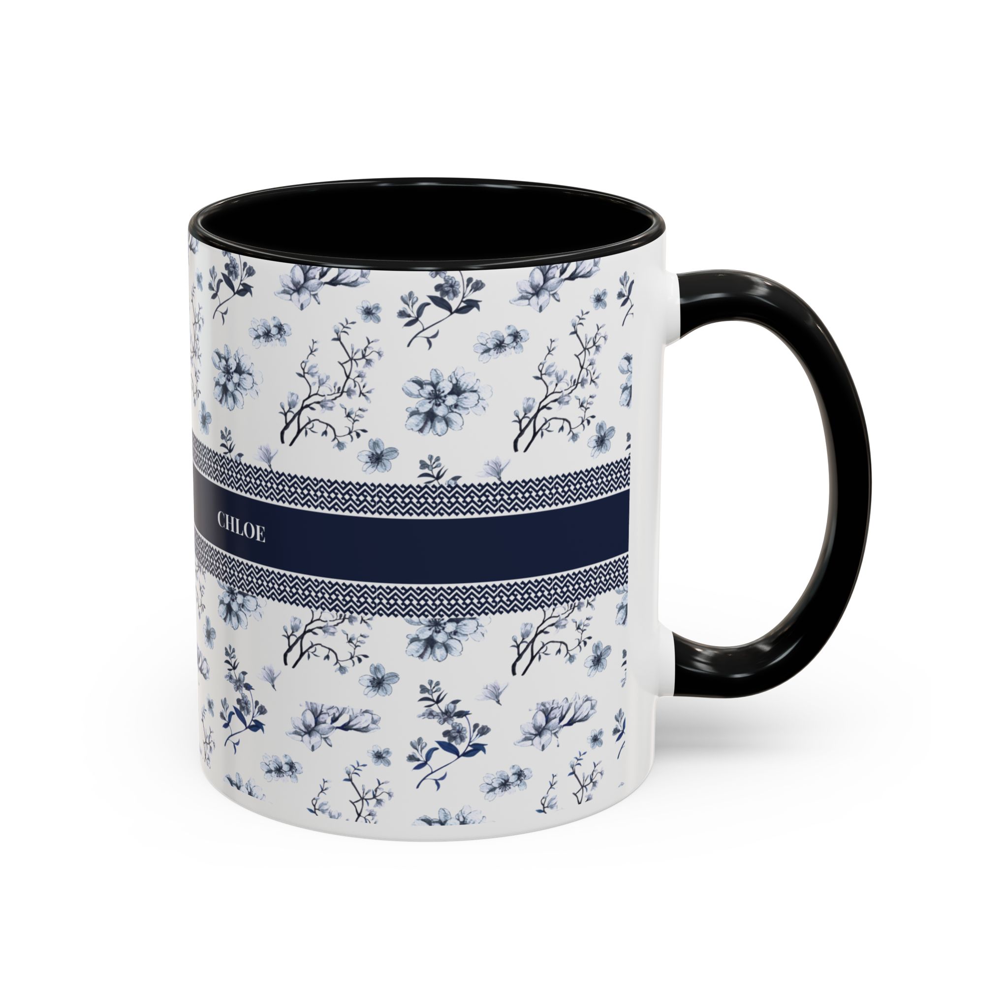 blue floral accent coffee mug — personalized navy name stripe (11/15 oz) blue floral accent coffee mug — personalized navy name stripe (11/15 oz)