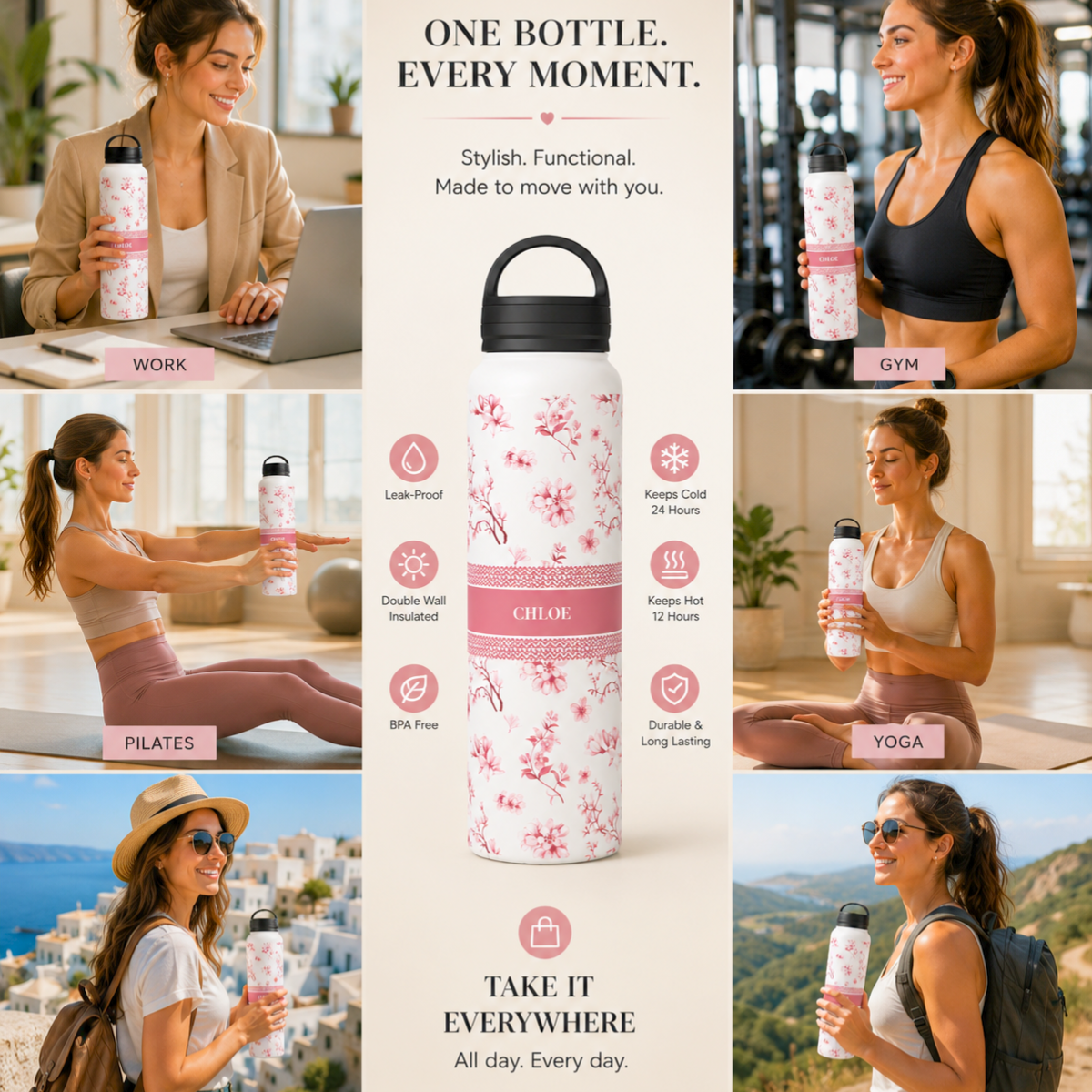 personalized floral stainless steel water bottle with handle lid (12oz, 18oz, 32oz) personalized floral stainless steel water bottle with handle lid (12oz, 18oz, 32oz)