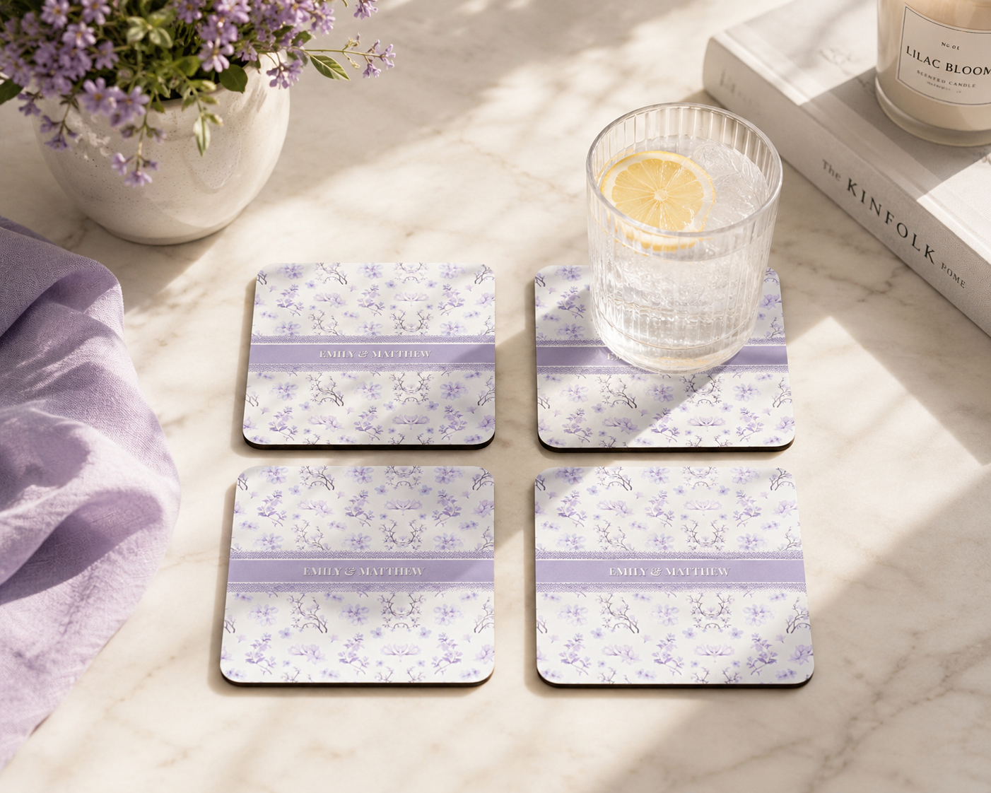 floral monogram cork coaster set of 4 — personalized navy name accent floral monogram cork coaster set of 4 — personalized navy name accent
