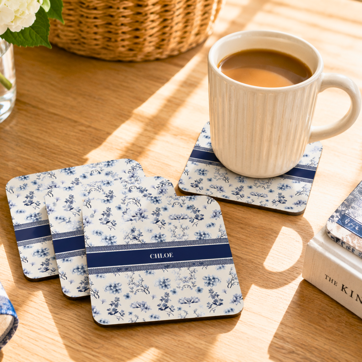 floral monogram cork coaster set of 4 — personalized navy name accent floral monogram cork coaster set of 4 — personalized navy name accent