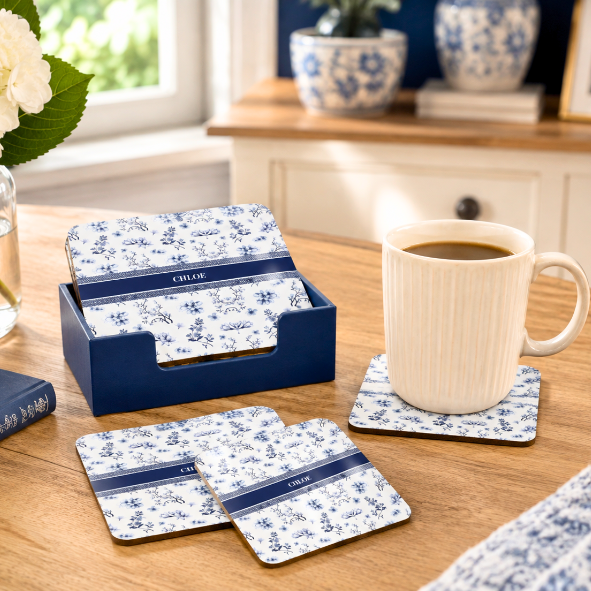 floral monogram cork coaster set of 4 — personalized navy name accent floral monogram cork coaster set of 4 — personalized navy name accent
