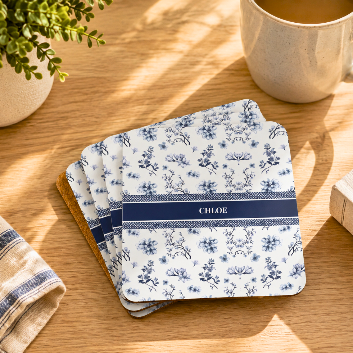 floral monogram cork coaster set of 4 — personalized navy name accent floral monogram cork coaster set of 4 — personalized navy name accent
