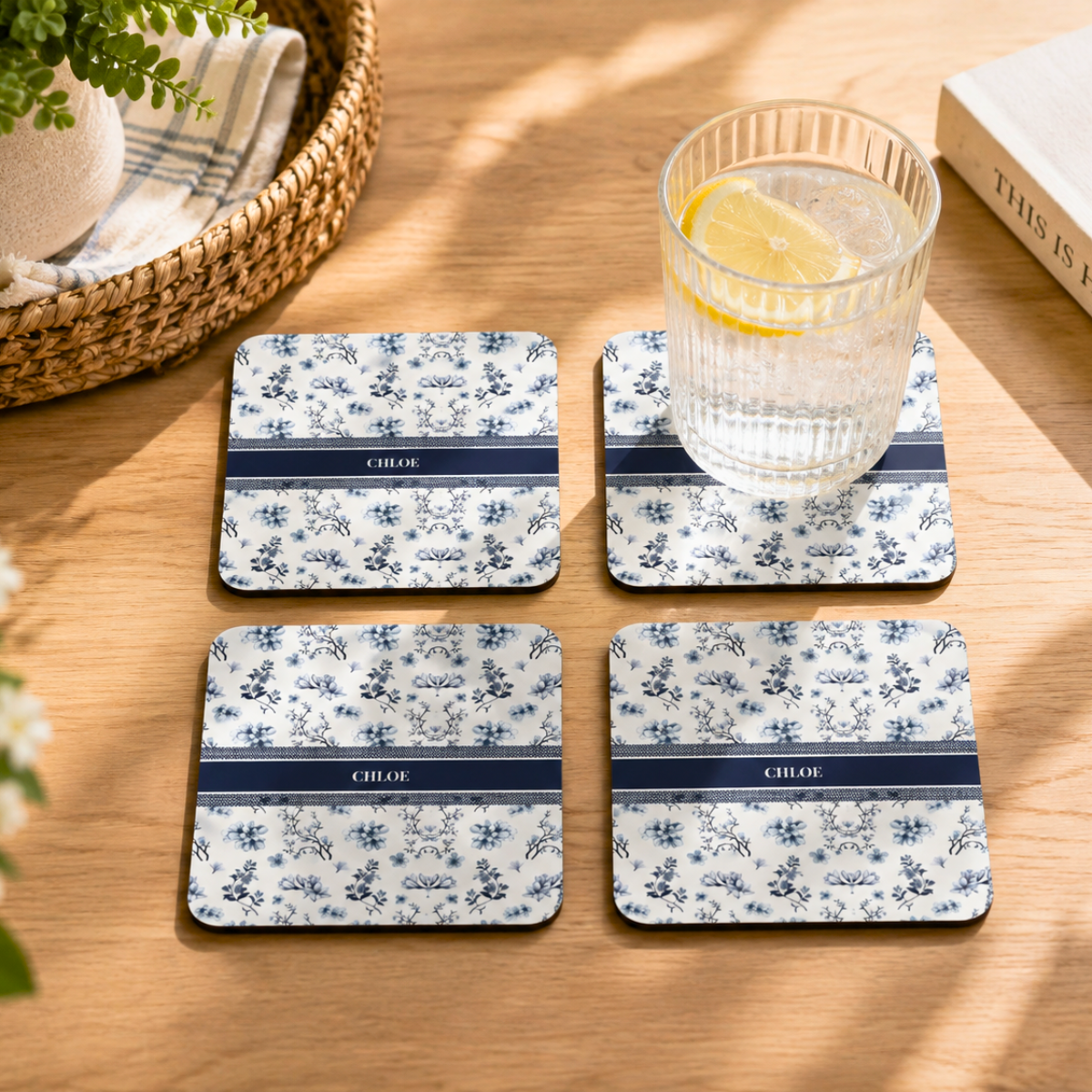 floral monogram cork coaster set of 4 — personalized navy name accent floral monogram cork coaster set of 4 — personalized navy name accent