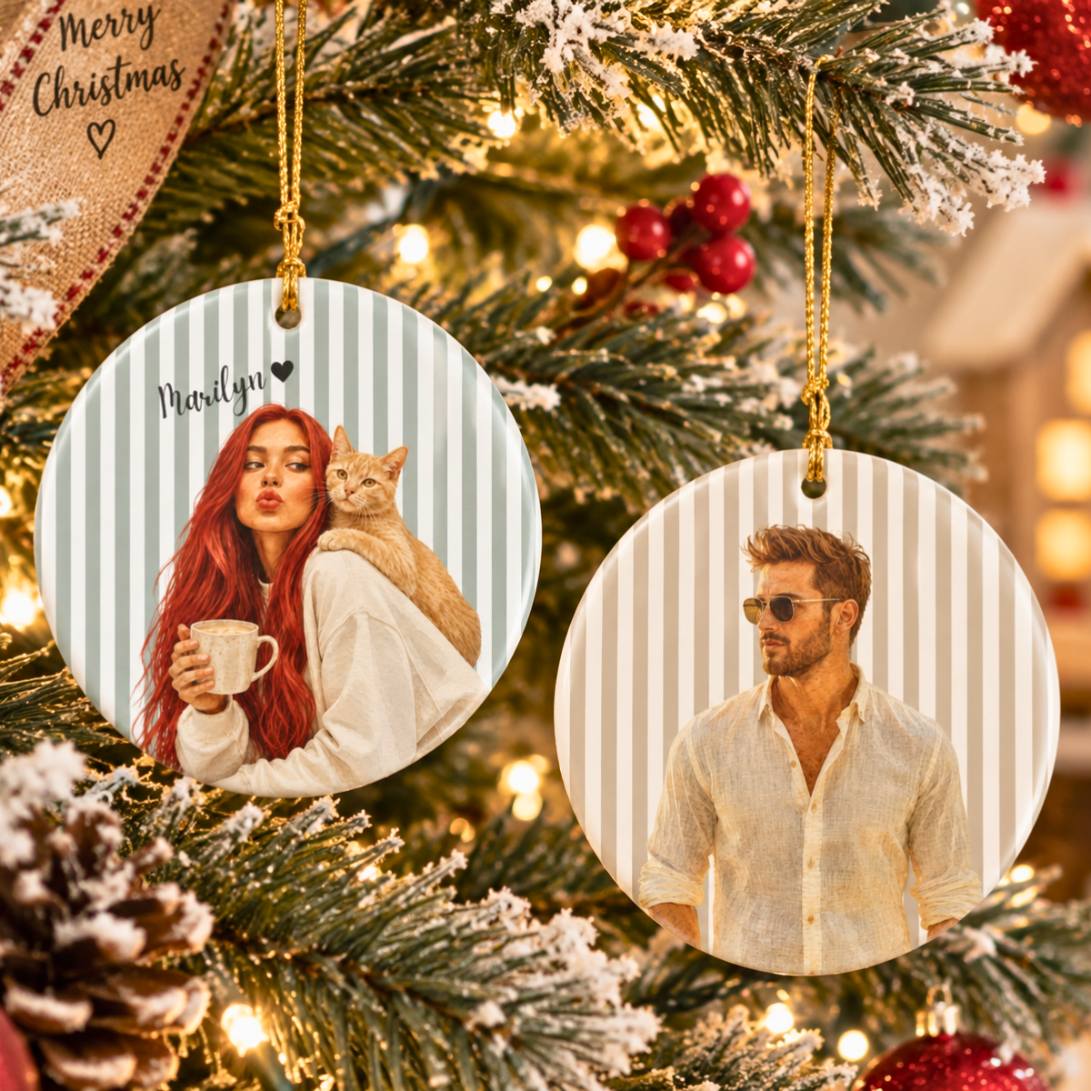 custom watercolor striped photo ornament using your photo + name custom watercolor striped photo ornament using your photo + name
